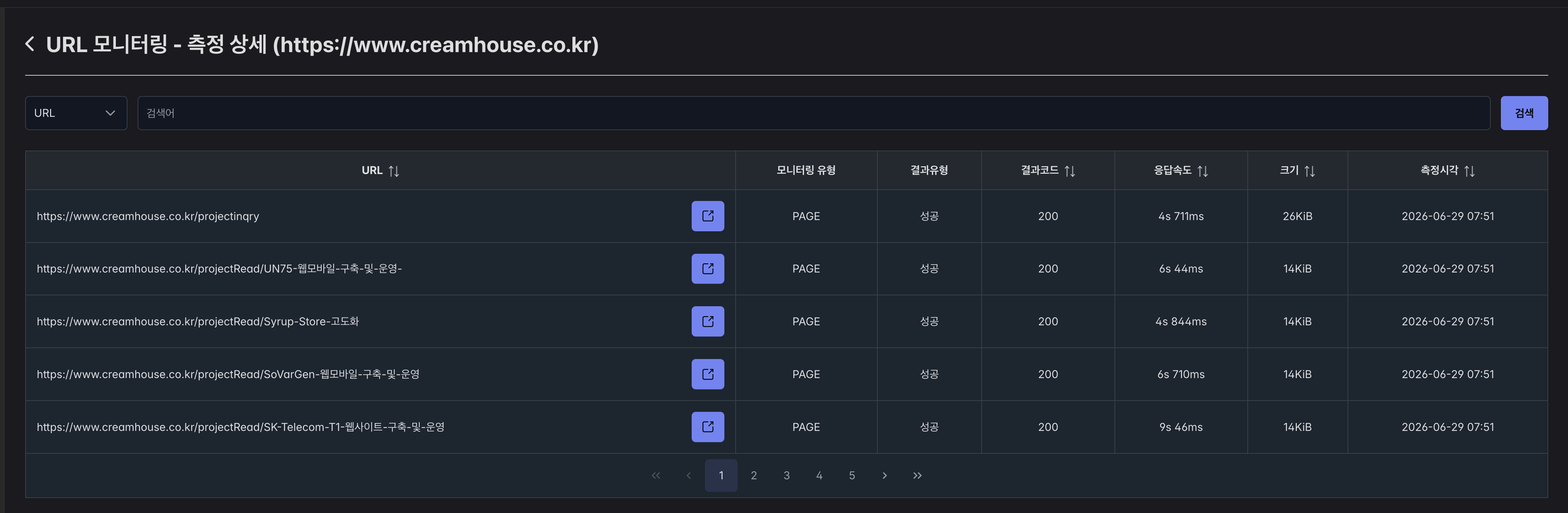CreamMON URL 모니터링 측정 상세 화면